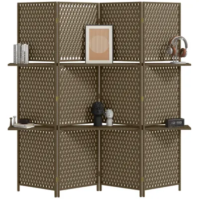 HOMCOM Paravan interior separator de încăpere 4 panouri 2 rafturi lemn de pin țesut cu fibre de hârtie 181 x 180 cm maro | Aosom Romania