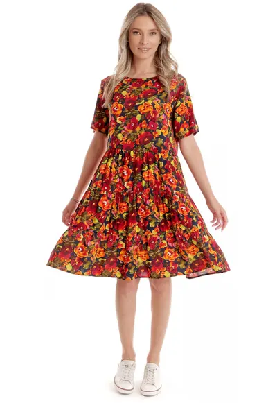 Rochie cu Volane Dama V279 - Rosu cu imprimeu multicolor