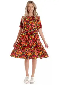 Rochie cu Volane Dama V279 - Rosu cu imprimeu multicolor