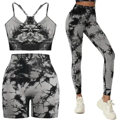 Set pentru Sala Grey/Black 3 piese, Pantalon scurt si Colanti plus Bustiera, Model Tie-Dye - M, MIX15470-2142