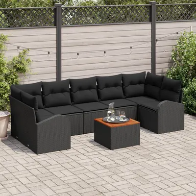Gossi set de canapea de gradina cu 8 piese si perne negru ratan poli acacia, Gossi canapea de gradina pentru 2 persoane cu spatiu de depozitare si perne negru ratan poli