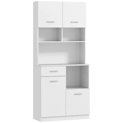 HOMCOM Dulap Înalt pentru Bucătărie cu Sertar, 4 Dulapuri și 3 Spații Deschise, 80x35x180 cm, Alb | Aosom Romania