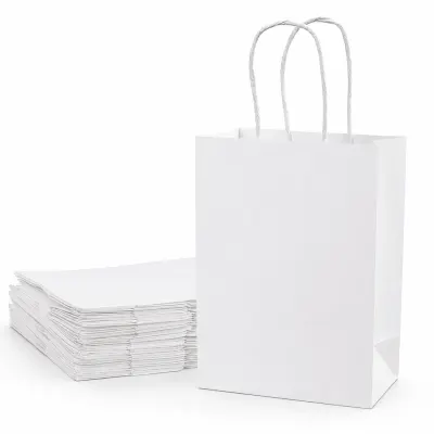 Sacoșe hârtie cu mâner răsucit - alb (set 12 buc) - Orizontal - 32x25x11cm