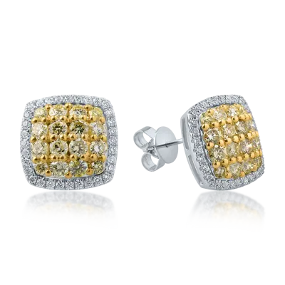 Cercei din aur alb-galben cu diamante galbene de 0.99ct si diamante transparente de 0.24ct