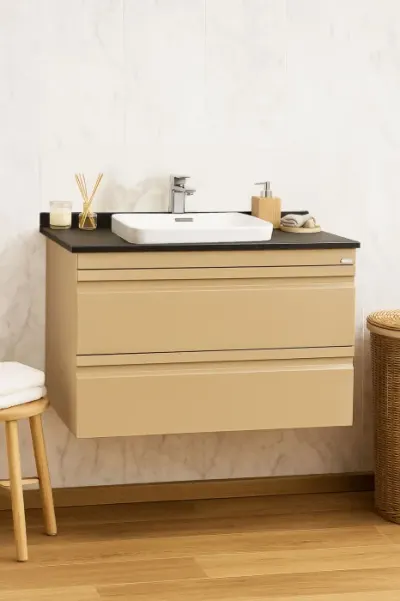Set Baza front MDF si Lavoar seria 686, suspendata, cu sertare, montat, 80 cm, cappuccino