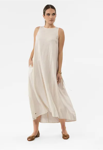 Rochie lunga supradimensionata cu decolteu rotund din amestec de in - buzunare - fara maneci - G-Makayla - crem - Crem