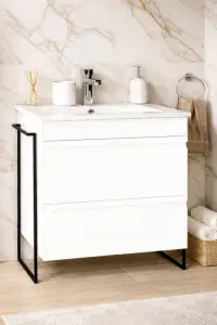 Set Baza front MDF si Lavoar seria 086, cadru metalic, cu sertare, montata, 70 cm, alb