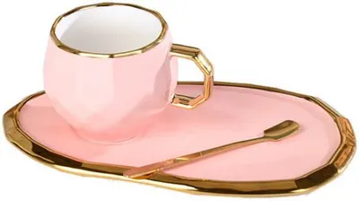 Cană Morello - Pink Brilliant, cu farfurie și linguriță, 200 ml