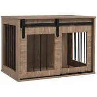 PawHut Cușcă cușetă pentru câini animale interioare ușă glisantă, oțel efect lemn, dim. 57H x 80L x 54l cm | Aosom Romania