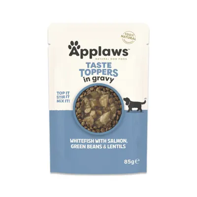 APPLAWS Taste Toppers, XS-XL, Pește alb și Somon, plic hrană umedă fără cereale câini, (în sos), 85g