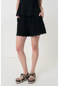 Pantaloni scurti cu talie inalta si model Sangallo - Negru