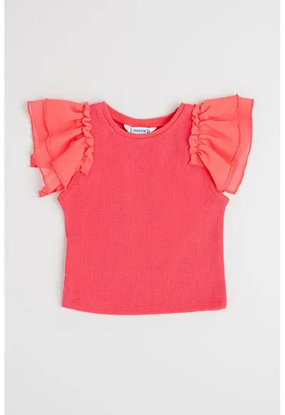 Tricou cu volane si decolteu la baza gatului - Roz aprins