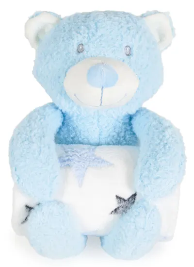 Pătură pentru copii cu jucărie moale Cangaroo - Rory Bear, 90 х 75 cm, albastru