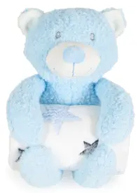 Pătură pentru copii cu jucărie moale Cangaroo - Rory Bear, 90 х 75 cm, albastru