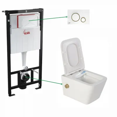Set vas wc alb cu functie bideu si baterie auriu mat Foglia Safari, rezervor incastrat si clapeta alba cu detalii aurii, Alcadrain