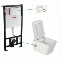 Set vas wc alb cu functie bideu si baterie auriu mat Foglia Safari, rezervor incastrat si clapeta alba cu detalii aurii, Alcadrain