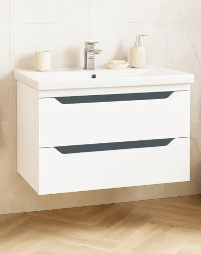Set Baza front MDF si Lavoar seria 756, suspendata, cu sertare, 80 cm, alb + antracit