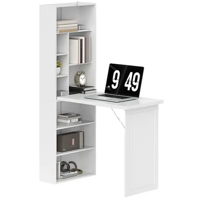 HOMCOM Birou de calculator pliabil cu bibliotecă, post de lucru, tablă albă și raft reglabil, 98x51x153cm, alb | Aosom Romania