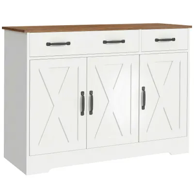 HOMCOM Bufet de bucătărie, mobilier de depozitare cu 3 uși tip hambar, 2 sertare și rafturi reglabile, 108 x 40 x 81 cm, alb | Aosom Romania