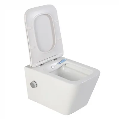 Vas wc suspendat cu functie bideu, dreptunghiular, apa calda rece, rimless, capac soft close, baterie crom Foglia Safari