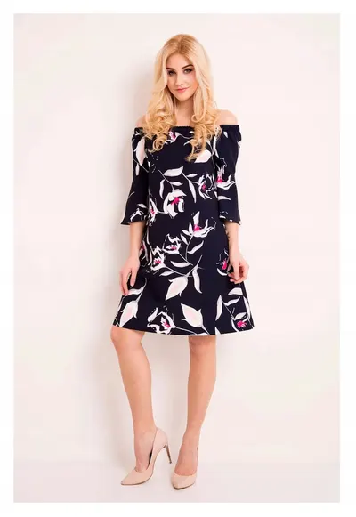 Rochie De Dama Cu Umerii Descoperiti - L036 - Material 95% Poliester - 5% Elastan - Lungime Midi - Decolteu Rotund - Stil Lejer - Maneci Trei Sferturi - De De - Albastru inchis