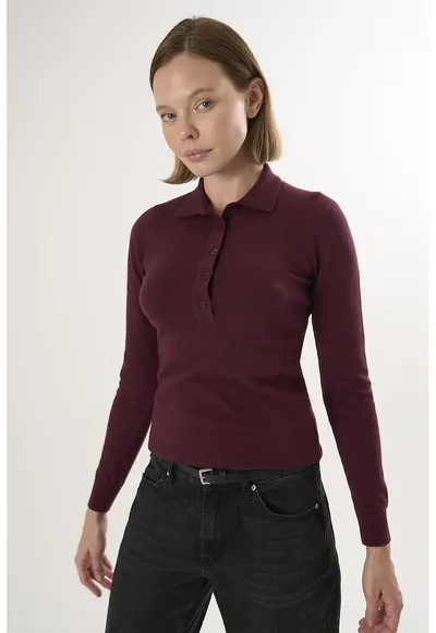 Pulover slim fit cu guler polo - Visiniu