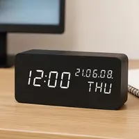 Ceas led digital de birou, afisaj temperaturaumiditate, alarma, alimentare duala, mdf, negru
