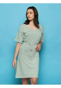Rochie in dungi din jerseu de bumbac organic - cu decolteu in V