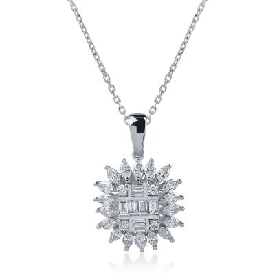 Lant cu pandantiv din aur alb cu diamante baguette si paer de 0.78ct