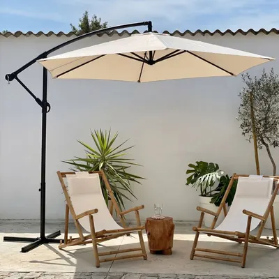 Umbrelă de grădină, Jumi, material textil bej, 250x300 cm, cu bază metalică
