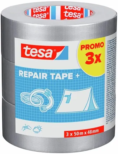 Bandă universală pentru hobby Tesa – Repair Tape+, 50 m x 48 mm, gri, 3 bucăți