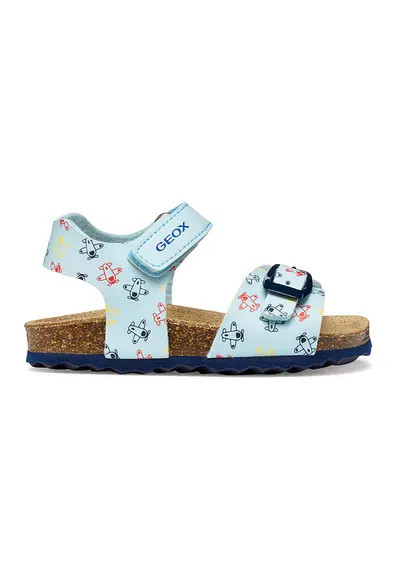 Sandale de piele ecologica cu velcro si model - Rosu vermillion/Albastru deschis
