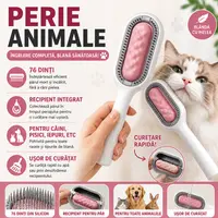 Perie pentru ingrijirea animalelor de companie, indepartarea parului cazut, cu baza de autocuratare, piepteni tari si rola lipicioasa pentru scame, Roz