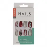 Set 12 Unghii False Premium, 14 Red Silver