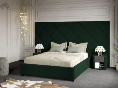 Pat Tapitat cu Panou 305x171 C4 Dubai cu somiera fixa Verde Inchis - Velluto 27 180x200