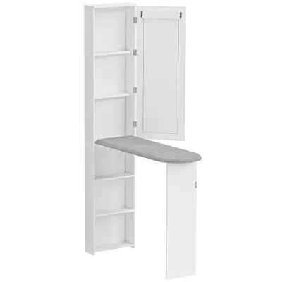 HOMCOM Dulap cu Masă de Călcat Pliabilă Economisitor de Spațiu cu Oglindă, Dulap Multifuncțional cu 6 Compartimente, 2 Cârlige, pentru Spălătorie Baie, 107x35x174 cm, Alb | Aosom Romania