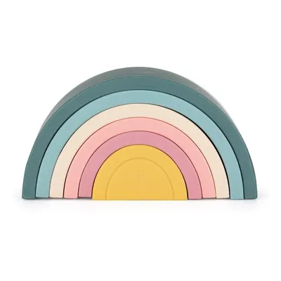 Jucarie pentru stivuire, Petite&Mars, Curcubeu, 14x7.5x5 cm, Silicon, Fara BPA, 6 piese, 12 luni+, Verde
