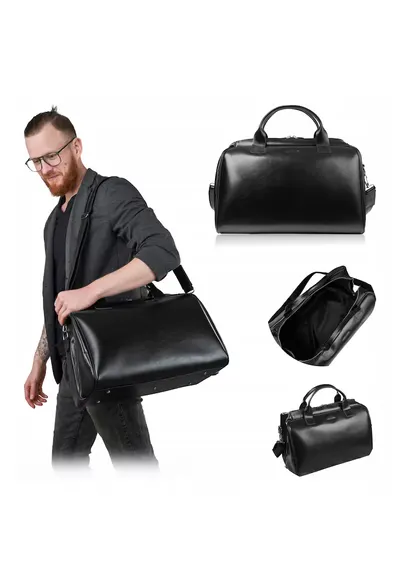 Geanta de voiaj - Brødrene - R40 - Negru - Piele naturala de inalta calitate - Eleganta - Practica - Manere confortabile - Curea de umar reglabila - Spatioasa - Functionala - Productie poloneza - Manere solide - Fermoar metalic dublu - Design universal