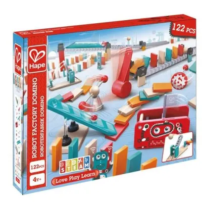 Fabrica de roboti - Domino, 122 piese, dn lemn, 4 ani+, Steam, Hape E1057A