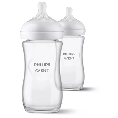Biberon anticolici, Philips Avent, Din sticla, Natural Response, 240 ml, 1 luni+, 2 bucati, Alb