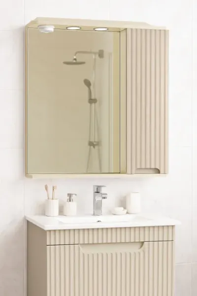 Dulap baie suspendat seria 033 cu oglinda, front MDF, montat, crem, 60x71 cm