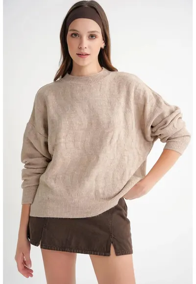 Pulover dama - tricot striat - model impletit - bej natural