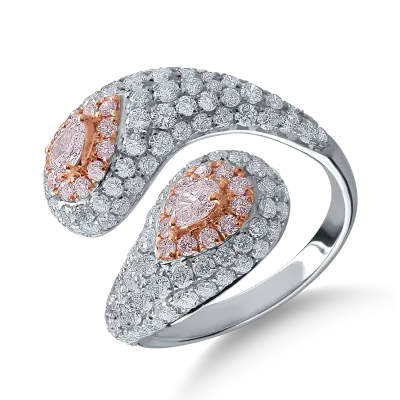 Inel din aur alb-roz cu diamante transparente de 2.09ct si diamante roz pear si rotunde de 0.59ct