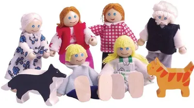 Set papusi din lemn Bigjigs - Familie cu animale de companie