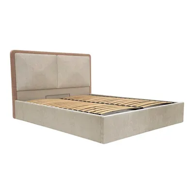 Pat matrimonial bej/roz prăfuit tapițat cu spațiu de depozitare cu somieră 160x200 cm Mara – Bobochic Paris