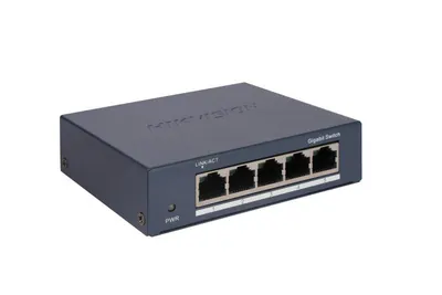 Switch Hikvision DS-3E0505-O: 5 × Gigabit RJ45 ports, 10 Gbps, 1000M network access, alimentare: 5VDC, 0.6A, dimensiuni: 105.00