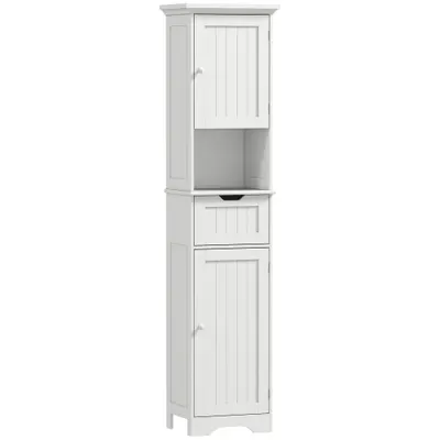 HOMCOM Coloană de Baie cu Iluminare LED, Dulap Îngust de Depozitare, Sertar și 2 Uși, 40x30x170 cm, Alb | Aosom Romania