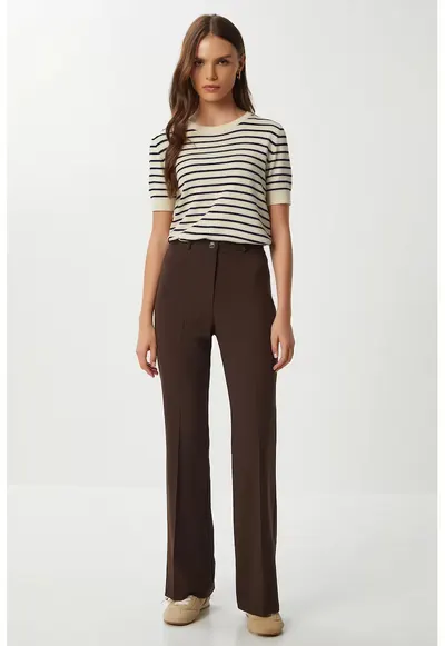 Pantaloni dama - Happiness Istanbul - talie inalta - croiala evazata - maro mocha - poliester-viscoza-elastan