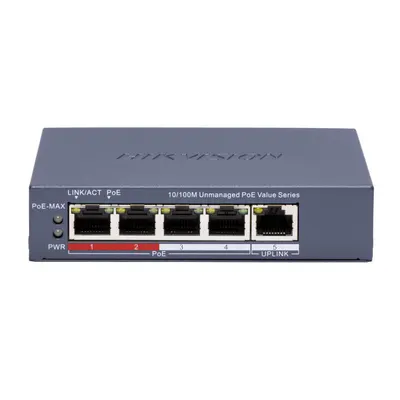 Switch POE 4 porturi Hikvision DS-3E0105P-E/M(C), fara management 4 × 10/100 Mbps PoE port,1 × 10/100 Mbps RJ45 port, IEEE 802.3