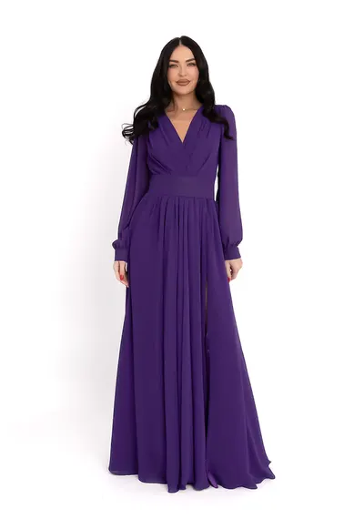 Rochie maxi cu decolteu in V si slit - Violet